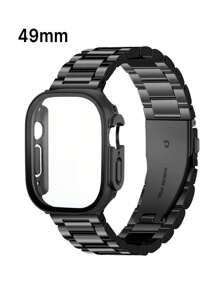 2pcs Black Stainless Steel Metal Adjustable Apple Watch Band And PC Hard Frame Full Protection Apple Watch Case, Anti-Scratch Anti-Collision With Screen Protector And Back Cover, Suitable For Apple Watch Ultra 3 2 1 Series 10/S9/S8/S7/S6/S5/S4/S3/S2/S1, 38mm 40mm 41mm 42mm 44mm 45mm 46mm 49mm, For Men And Women - Black - View 12