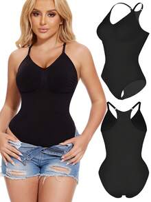 Racerback Shapewear Bodysuits For Women Tummy Control Abdomen Compression Body Shaper Tank Top Seamless Underwear V-Neck Undershirts Shirts Lingerie Vest Spaghetti Strap Sleeveless - 黑色 - 查看 8