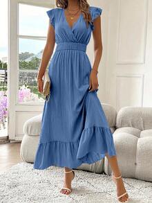 Vestido elegante informal con cuello en V y volantes para mujer,Vestido de vacaciones en la playa - Azul Marino - Ver 2