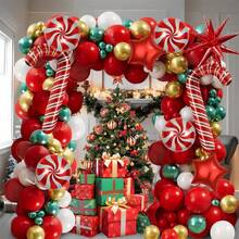 111pcs Christmas Happy Party Balloon Decoration Set, Windmill Candy Cane Pentagram With Red, White, Gold, Green Latex Balloons, Suitable For Christmas Party Decor, New Year Party, Indoor & Outdoor Christmas Decorations