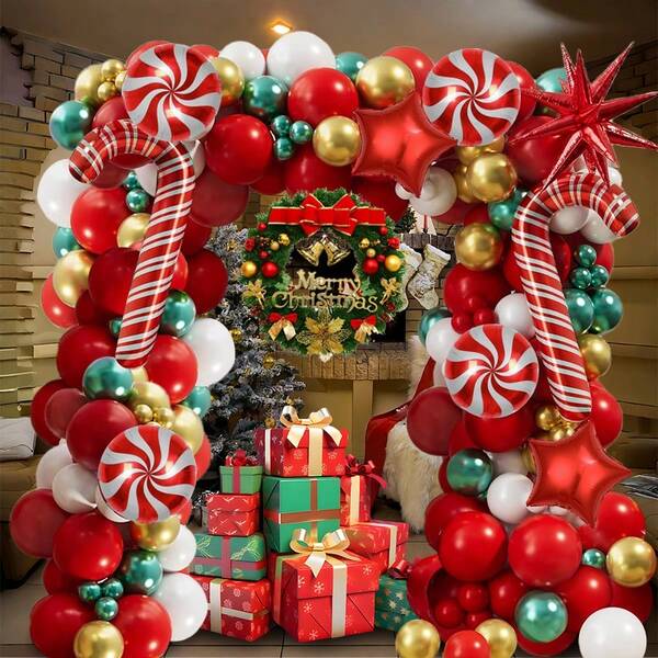 111pcs Christmas Happy Party Balloon Decoration Set, Windmill Candy Cane Pentagram With Red, White, Gold, Green Latex Balloons, Suitable For Christmas Party Decor, New Year Party, Indoor & Outdoor Christmas Decorations