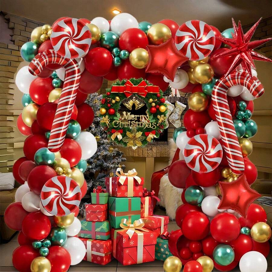 111pcs Christmas Happy Party Balloon Decoration Set, Windmill Candy Cane Pentagram With Red, White, Gold, Green Latex Balloons, Suitable For Christmas Party Decor, New Year Party, Indoor & Outdoor Christmas Decorations