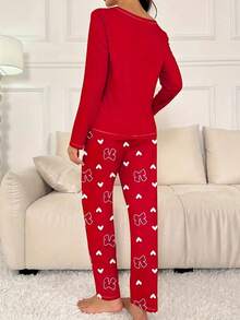 Red Bow Printed Long Sleeve Top & Pants Pajama Set, Women Sleepwear, Fall Winter Clothes, Christmas - Red - View 5