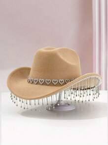1PC Unique British Style Elegant Cowboy Hat For Men And Women, With Heart-Shaped Diamond Hat Chain, Tassel-Shaped Pendant, Bohemian Style Wide Top Hat, Colorful And Vibrant, Suitable For Western Theme Events, Role Play, Graduation, Graduation, Masquerade, Masquerade, Wedding, Celebration, Halloween Party