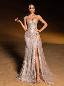 Faeriesty Haute Glamour Luxurious Sparkly Beaded Mermaid Gown With Strapless Silhouette & Dramatic Floor-Length Train For Bridal For Women