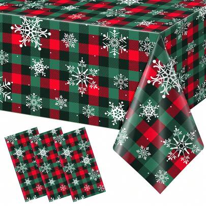1/3 Pcs Christmas Buffalo Plaid Snowflake Party Tablecloths Decorations, Plastic Red And Green Checkered Rectangle Table Cover For Winter Christmas New Year Birthday Holiday Party Decorations(54x108 Inch)