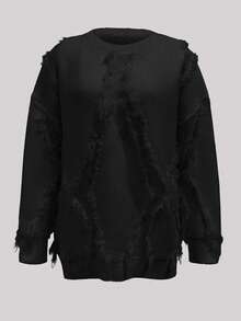 2026秋冬女款纯色圆领休闲优雅户外毛衣，适合约会、返校、情人节、邮轮度假等场合，百搭宽松针织衫，饰有流苏边。 - 黑色 - 查看 4