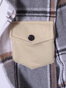 两件套男童格子连帽衫带口袋和运动裤套装，休闲百搭，适合秋冬季 - 卡其色 - 查看 5