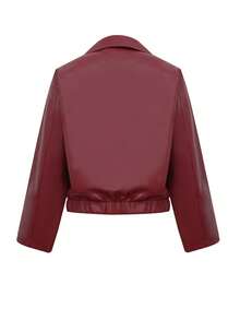 Solid-Color Faux Leather Cropped Jacket Featuring An Oversized Lapel, Zip-Front Closure,Versatile Style Red - Red - View 7