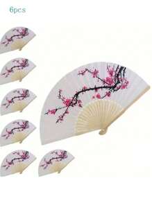 6pcs/Set Plum Blossom Dance Folding Fan For Women, Summer Style, Japanese Ancient Costume, Retro Classical Design, Suitable For Makeup, Stage, Photography