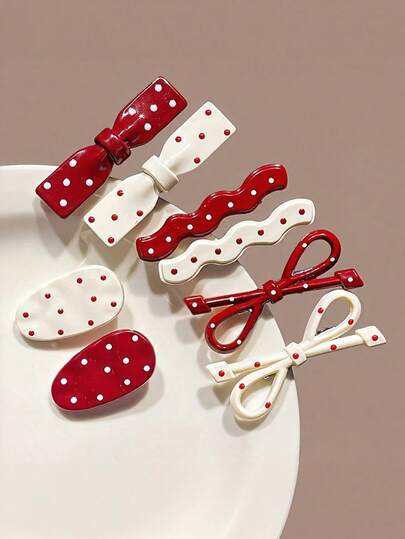 8pcs Vintage Red Polka Dot Hair Clips, Elegant Bow Hair Clips, Single Row Side Hair Clips, Durable Plastic Hair Accessories, Minimalist Hair Clips