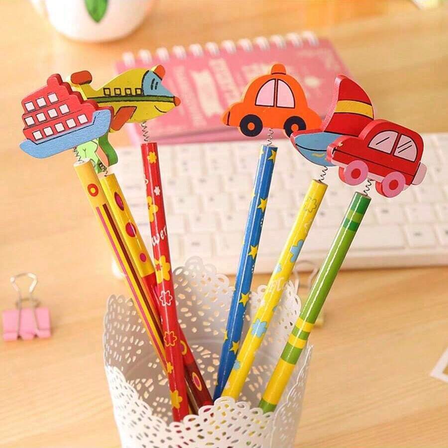 12/6/3支8.46英寸随机卡通汽车和船铅笔，创意卡通HB铅笔，适用于办公室、学校用品、学生礼物、节日礼物 - 彩色 - 查看 1