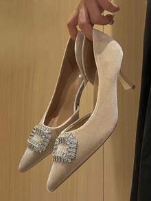 Tacones altos de punta con decoración de rhinestones, elegantes y de moda - Beis - Ver 3
