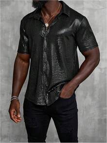 Men's 70s Disco Top Pattern Button Down Short Sleeve Shirt Rave Party PU Leather-Shirt - Black - View 6