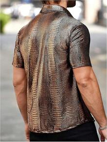 Men's 70s Disco Top Pattern Button Down Short Sleeve Shirt Rave Party PU Leather-Shirt - Bronze - View 2