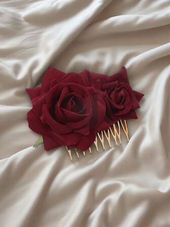 1pc Rose Flower Hair Clips, Velvet Red Rose Decorative Hair Accessories For Halloween, Wedding, Party, Bridesmaid, Bride Hair Decor, Artificial Rose Floral Wall Waterfall Decor, Combs, Haircomb, Side Comb, Headpiece