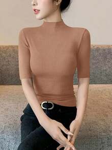 WOMEN'S HIGH NECK KNITTED BLOUSE WITH SIMPLE HALF SLEEVE, RIB FABRIC S M L - 卡其色 - 查看 1