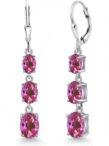 Gem Stone King 3-Stone Leverback Drop Dangle Earrings Women |   925 Sterling Silver |   Gemstone Birthstone |   Oval 8X6MM 7X5MM And 6X4MM |   Fine Jewelry Gifts Her Mom Women Wife - 粉紅色神秘黃玉 - 查看 1