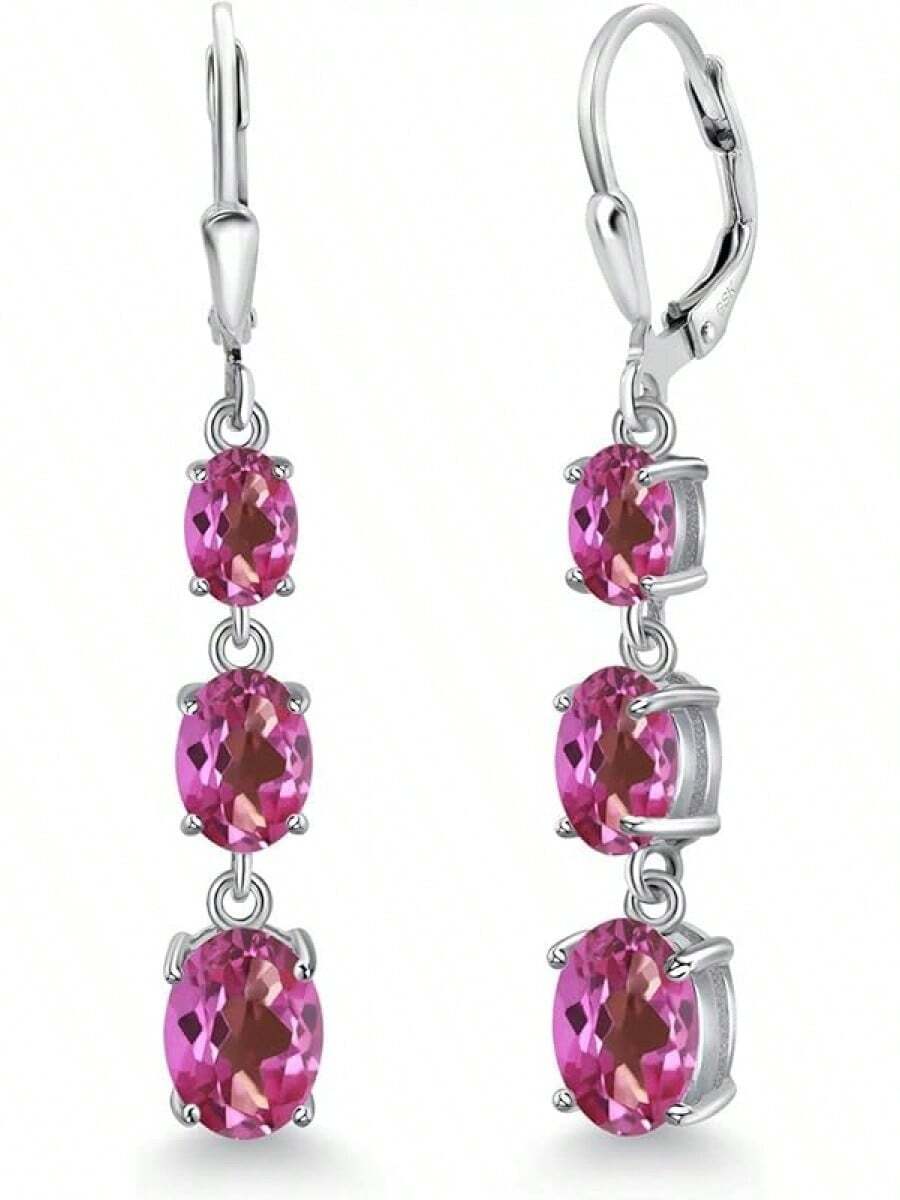 Gem Stone King 3-Stone Leverback Drop Dangle Earrings Women | 925 Sterling Silver | Gemstone Birthstone | Oval 8X6MM 7X5MM And 6X4MM | Fine Jewelry Gifts Her Mom Women Wife - 粉紅色神秘黃玉 - 查看 1