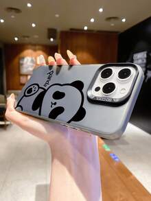 兼容 16、15、14、13、12、11 Pro Max/兼容三星/Redmi/OPPO/Infinix 系列，1 件时尚熊猫图案防震、防指纹、防摔金属按钮三合一 IMD 手机壳，银色 - 黑色 - 查看 4