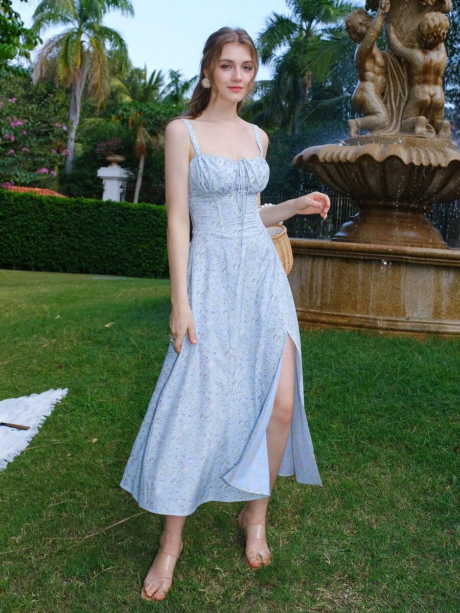 Women Ditsy Floral High Slit Strap Dress - Blue - View 1