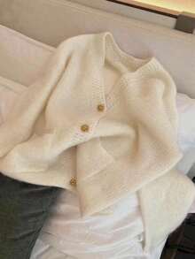 Casual Mohair Solid Color Knit Front Button Hollow Long Sleeve Sweater, Suitable For Everyday And Dates In Spring/Autumn - Apricot - View 5