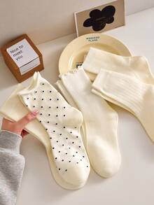 4 双女士可爱波尔卡圆点和荷叶边舒适休闲中筒袜，白色袜子，透气柔软，学校袜，日常袜子，颜色随机，适合日常穿着和外出，适合春夏秋冬 - 彩色 - 查看 7