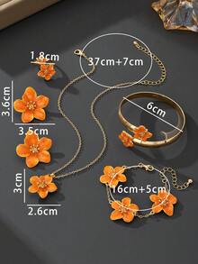 1 Pc Handmade Retro Dopamine Inspired Orange 5-Petal Flower Pendant Necklace, 1 Pair Earrings, 1 Pc Bracelet, 1 Pc Ring, 1 Pc Bangle, Women Summer Jewelry Set, Versatile Combination - Orange - View 5