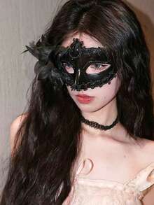 1 件万圣节服装派对面具，黑色和银色花朵玫瑰蕾丝兔子蜘蛛网蝙蝠耳面纱面罩，摄影道具，哥特式蕾丝风格性感内衣配饰化妆舞会面具