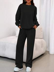 Traje de dos piezas para mujer, traje deportivo, sudadera holgada, pantalón deportivo, traje casual a juego de moda de otoño. - Negro - Ver 7