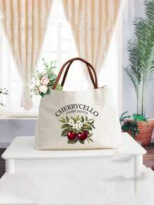 亮丽樱桃印花可重复使用手提袋，女士印花手提包，双提手设计，大容量单肩包，休闲手提袋，圣诞礼物袋，适合通勤、上学、购物、户外活动，也是送给朋友、老师、节假日和度假的理想礼物。 - 彩色 - 查看 6