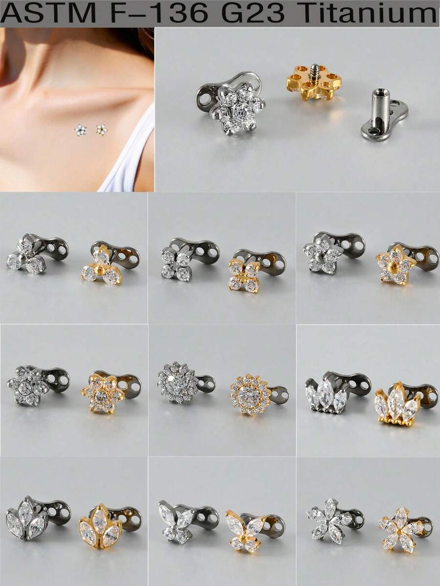 1PC F136 Titanium Dermal Anchor Cown Flower Leaf Triangle Micro Dermal Anchor Diver Implants Jewelry Body Piercing Zirconia Flat Back Cluster Hide In Face Clavicle Skin 14G Piercing Jewelry Sexy Unisex - Titanium - View 1
