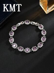 1 pieza Pulsera de mujer elegante y de lujo con flor ovalada de circonita cúbica incrustada en cobre, empaquetada en caja de regalo - Pulsera ovalada - Ver 7