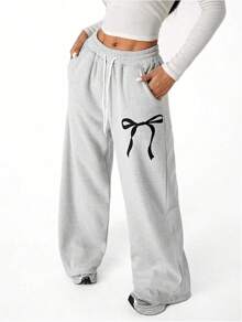 's Bowknot Baggy Sweatpants Lightweight Straight Leg Athletic Pants With Pockets
