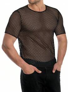 Men's Mesh Fishnet Top Short Sleeve Sheer See Through T Shirt Fitted Muscle Blouse Clubwear - Fluorescent Green - 查看 5
