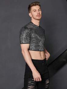 Men's Fishnet Mesh Tee Shirt Round Neck Short Sleeve Crop Top - Solid Black - View 2