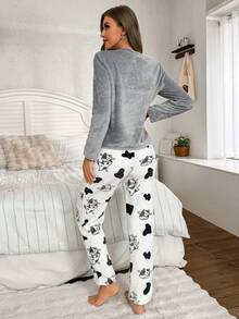 Flannel Patchwork Happy Cow Embroidery Top And Pants Fluffy Pajama Set, Warm, Fall Winter Clothes, Cozy - Grey - View 6