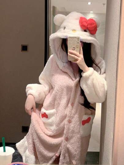 Sanrio 1 pezzo Pigiama in pile di corallo Hello Kitty di Sanrio, nuova collezione autunno-inverno 2025, accappatoio in flanella casual, adatto per uso esterno, attività fisica, vacanze, viaggi, regali di laurea, compleanni, uso quotidiano