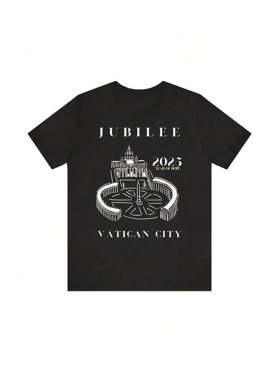 Man Jubilee 2025 Vatican City Commemorative T-Shirt – Unisex Casual Round Neck Cotton Tee Black With Religious Graphic Design Perfect For Travel Souvenirs Religious Events Men Size S-3XL - 黑色 - 查看 1