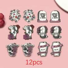 4/12 Pcs Acrylic Double-Sided Printed Ghost Skull Tombstone Charms – Halloween DIY Craft Accessories For Handmade Earrings, Bracelets, Necklaces, Keychains & Bag Decor