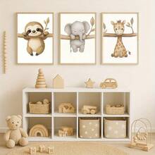 3 Peças Impressões de Arte de Animais Preguiça, Elefante, Girafa Pôster Decoração de Parede para Berçário, Quarto de Criança, Quarto Infantil Sem Moldura - Caqui - Visão 4
