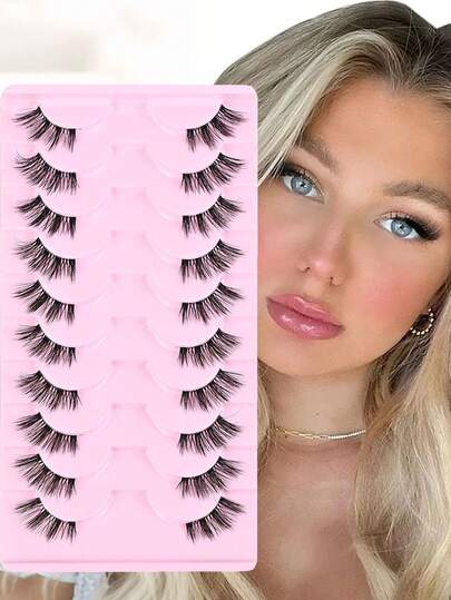 10 أزواج من رموش نصفية، رموش عين القطة، رموش مستعارة طبيعية المظهر، ريشية ناعمة، أدوات مكياج لتطويل الرموش (YLB03-10)