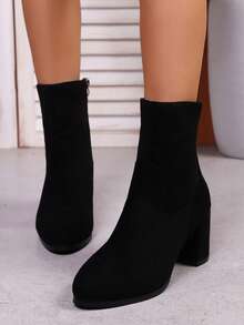 Autumn And Winter Pointed Toe Thick Heel Elastic Mid-Calf Boots, High Heeled Sock Boots, British Style Ankle Boots For Teen Girls