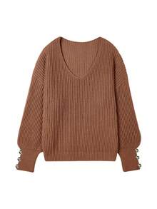 Women's Basic Oversized V Neck Button Sweaters Dressy Casual Lightweight Ribbed Knit Pullover Sweater Tops