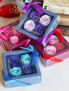 1 pieza Jabón de baño con forma de pétalo de rosa con aroma a rosa, jabón de baño con aceite esencial de rosa suave, caja de regalo para el Día de San Valentín, regalos de boda, regalos para despedida de soltera, flores secas