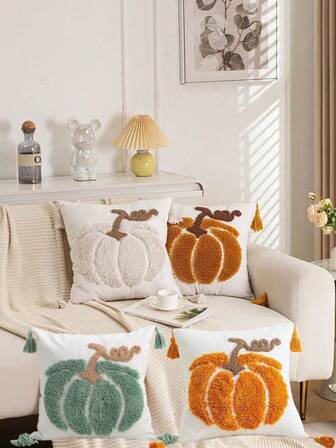 Set de 1 pieza/2 piezas/3 piezas/4 piezas de Funda de almohada bordada de felpa con diseño de calabaza, adecuada para uso diario, dormitorio, sofá, coche, Halloween, jardín al aire libre, decoración del hogar, todas las estaciones, 45*45cm (sin relleno de almohada)