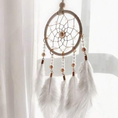 1 件珍珠和羽毛捕梦网装饰，波西米亚风羽毛风铃挂饰，情人节、生日礼物，适用于汽车、房间、家居、婚礼派对装饰（羽毛为人造）