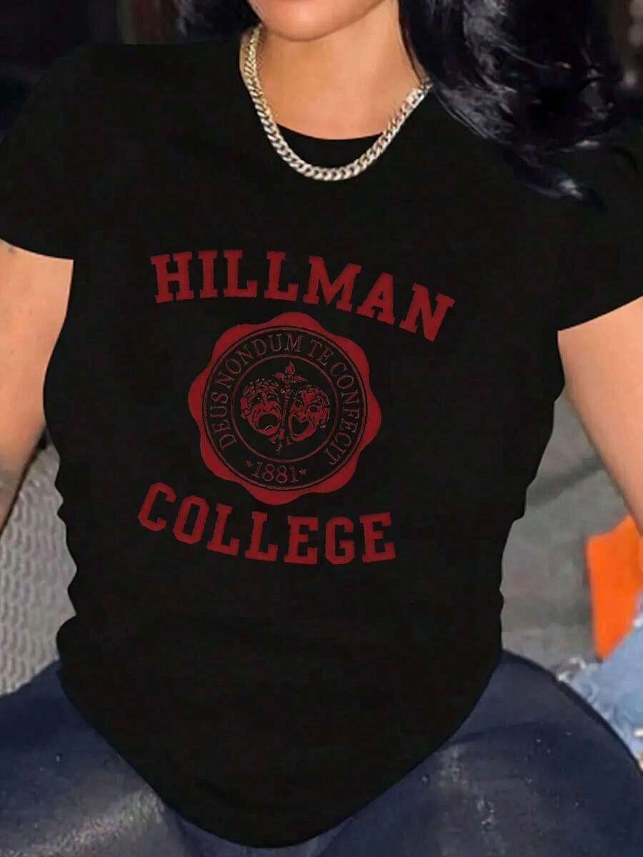 Women's Casual T-Shirt With Hillman College Vintage Logo Print For School Spirit And Daily Wear, Fast Arrival , ,   Round Neck Short Sleeve Knit Polyester Tee, Fashionable For Summer Daily Wear-Unisex Loose 100% Cotton T-Shirt - 黑色 - 查看 1
