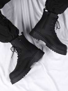 时尚哑光高帮男士踝靴，厚底，防滑，复古休闲靴，圆头，适合冬季户外 - 黑色 - 查看 3