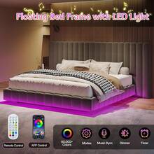 Modern Platform Bed Frame Queen/King Size With LED Lights, Velvet Upholstered Bed Frame With Oversized Headboard, Sturdy Construction, No Box Spring Needed, Cream , Grey , Black - Grey - View 5
